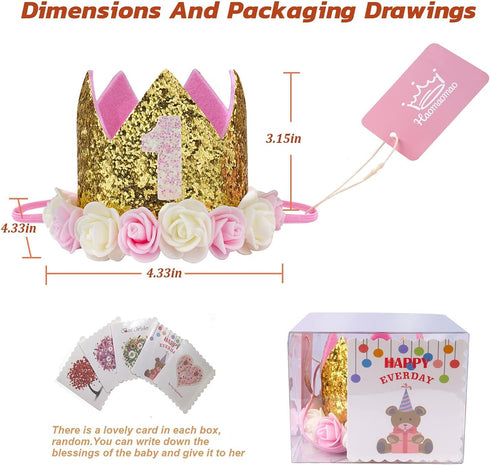 Baby Birthday Crown, Princess Crowns Tiara Girls Party Hat With Gold Glitter and Pink Roses for Birthday Party Decorations...