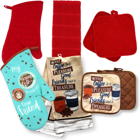 Home Collection Chef-Themed Kitchen Mitts, Pot Holder, & Kitchen Towels Set (Red)...