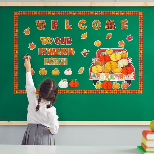Qilery 98 Pieces Fall Classroom Bulletin Board Decorations Welcome to Our Patch Red Truck Maple Leaves Pumpkin Thanksgiving Paper Cutouts with Hon...