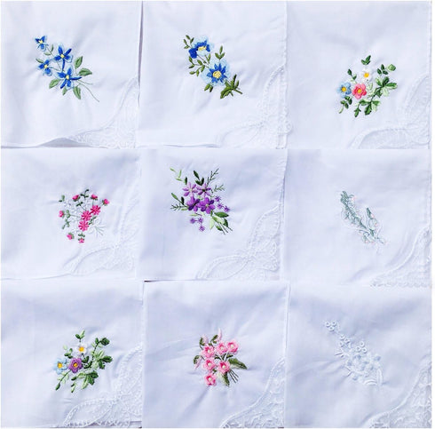 LACS Womens Embroidered Floral Cotton Lace Handkerchiefs White Hankies Pack...