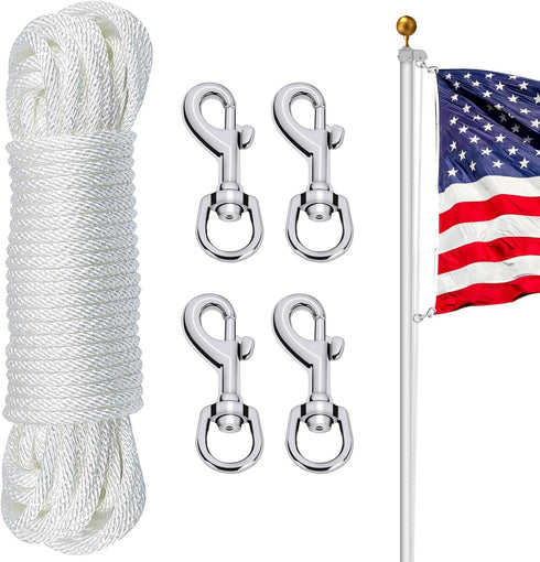NQ Flag Pole Rope Line Kit-50FT x 1/4"Diameter Nylon Flag Pole Halyard Rope with 4 Pcs Swivel Snap Clips Hooks Fits Flagpole Up to 25FT, Outdoor F...