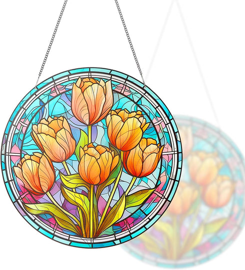 Tulips Acrylic Window Hangings 11.8”Acrylic Wall Decor Flower Stained Window Panel Indoor Outdoor Home Garden Ornaments Housewarming Gift with Met...