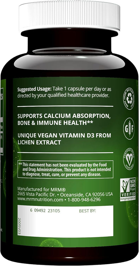 MRM Nuturition Vegan Vitamin D3 2,500 IU | Bone + immune health | Made from lichens | Supports calcium absorption | Vegan + Vegetarian friendly | ...