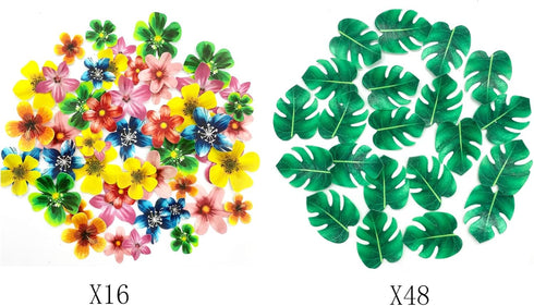 64Pcs Tropical Palm Leaves and Hawaii Flowers Cupcake Toppers Hawaii Theme Cake Decoration for Jungle Summer Party Birthday Wedding Cake Decor...