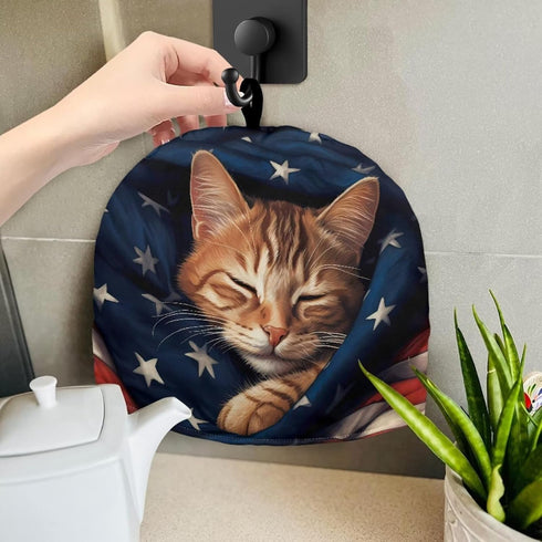 Tutolip US Flag Sleeping Cat Tea Pot Cover Warm Keeper with Top Hanging Loop Insulated Tea Kettle Cover Dust Proof Tea Cosies for Kitchen Home Dec...