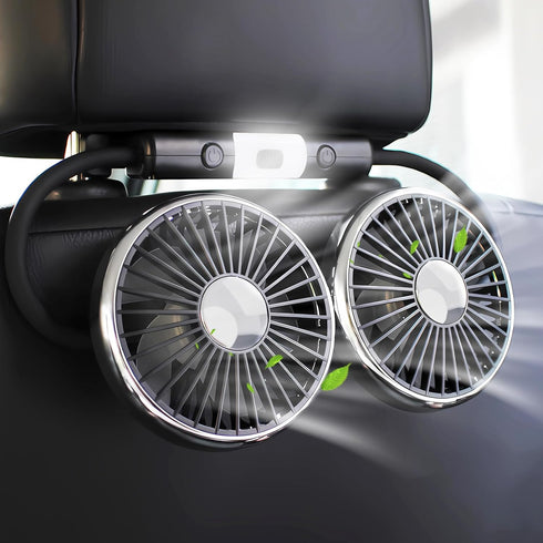 Car Fan, 12V Cooling Fans for Backseat with Little Night Light, Headrest 360° Rotatable Dual Head Back Seat Fan 3 Speed Adjust Vehicles Rear Seat ...