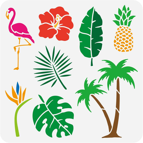 FINGERINSPIRE Tropical Coconut Tree Stencil 11.8x11.8inch Reusable Tropical Leaves Pineapple Flamingo Flower Pattern Template Animal Plant Theme S...