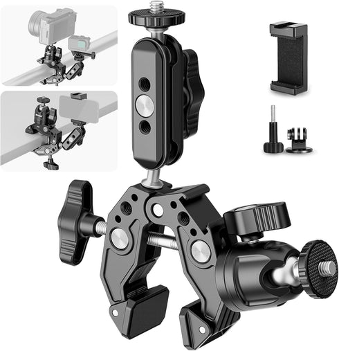 NEEWER Super Clamp with 3" Dual Ballhead Magic Arm, Ball Head Adapter, Cold Shoe, Phone Holder, Action Camera Clamp Mount for Flat/Round Surface C...