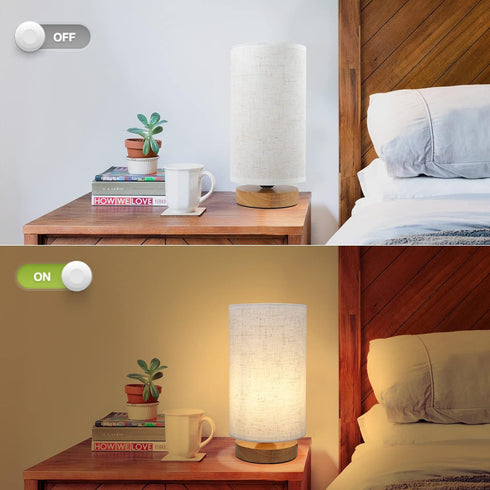 Small Bedside Night Table Lamp for Bedroom, Minimalist Nightstand Lamp with Round Fabric Linen Shade, Study Reading Desk Lamp for Kids Room, Livin...