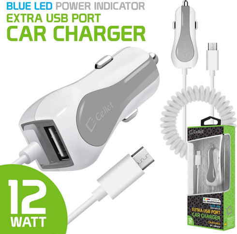 Cellet Micro-USB Car Charger, Coiled and Extra USB Port Car charger, Built-in Coiled 4ft long Micro USB Cable. (Fast Charging 2.4 Amp)...