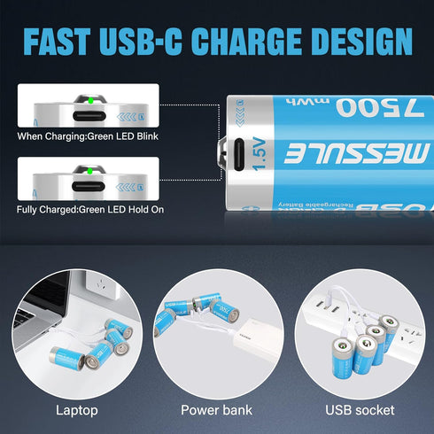 Rechargeable Lithium D Batteries with 4 in 1 USB-C Charge Cable,4 Pack D Cell Li-ion Battries,LR20 1.5V D Size Cell Battery Replacement 7500mWh fo...