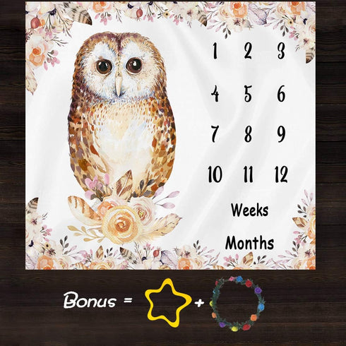 Owl Baby Monthly Milestone Blanket, 48x40in Soft Flannel, Flower Watercolor Backgrounds, Newborn Mom Gifts, Baby Shower Age Growth Tracker with Bo...