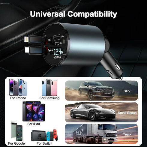 Car Charger 100W Super Fast Charging, 4-in-1 Retractable Car Charger, 180° Adjustable USB Car Charger, Car Charger Adapter with Voltage Display fo...