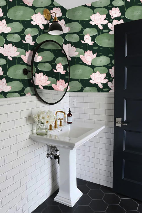 Yasinet Peel and Stick Wallpaper Floral Wallpaper Vintage Dark Green Lotus Flower Contact Paper Removable Self Adhesive Wallpaper for Wall Living ...
