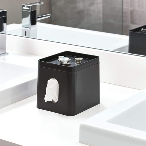iDesign Facial Tissue Box Cover with Storage Tray, The Cade Collection – 6.1" x 5.15" x 5.4", Matte Black...