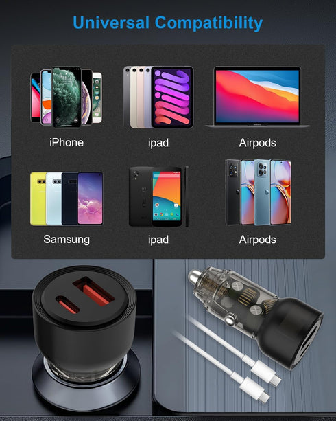 60W Car Charger, Cigarette Lighter USB Charger with USB C to C Fast Charging Cable, PD&QC3.0 USB C Car Charger, Dual Ports Car Charger Adapter for...