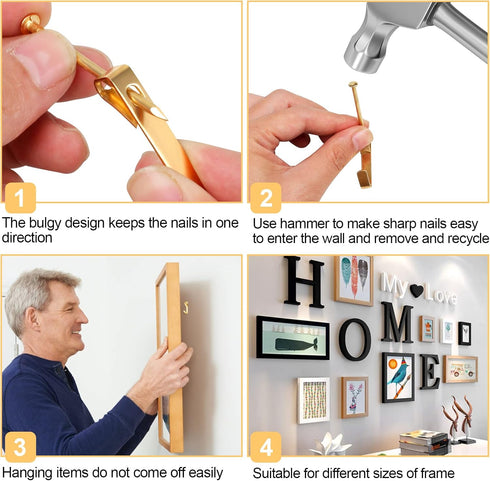 184 Pieces Picture Hanging Kit, 20lb, 30lb, and 50lb Picture Hangers, Metal Picture Hanging Hooks with Nails, on Drywall, Wooden Wall(Gold)...