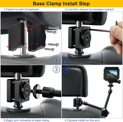 Car Headrest Camera Mount for GoPro/Insta 360 / DJI OSMO/AKASO/Video/DSLR Camera, 1.57 inch Diameter Base 10 inch Length Magic Arm, Aluminum Alloy...