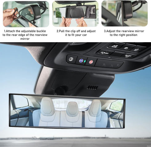 Car Rearview Mirror, 12 Inch Anti-Glare Panoramic Convex Rear View Mirror, Automotive Interior Extended Clip-on Wide Angle Rearview Mirror, Univer...