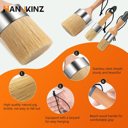 Chalk and Wax Paint Brush 3pc Set, Large Chalk Paint Brush and Small Wax Brush for Chalk Paint, Natural Bristles Stencil Brush, Chalk Paint Brushe...