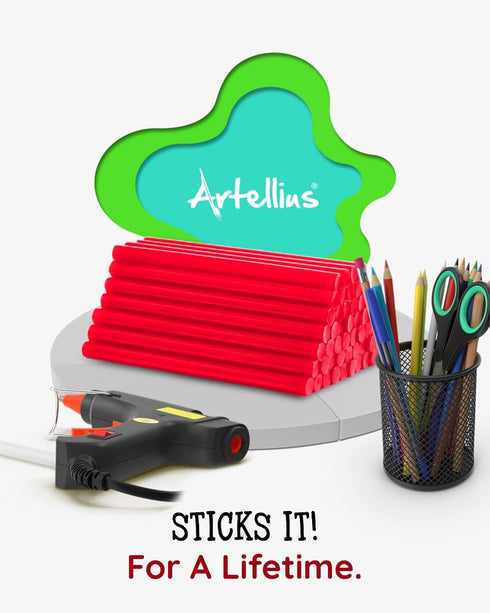 Artellius - Red Hot Glue Sticks 4" x.27" (100 Bulk Pack) - Ultra Bond Hot Melt Adhesive Mini Glue Sticks for All temperature Glue Guns...