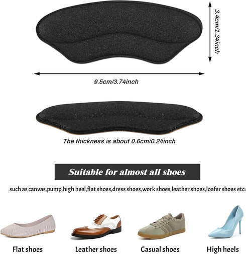 Heel Pads for Shoes That are Too Big - 4 Pairs Foamed Cotton Heel Cushions for Pain Relief & Tighter Fit - Heel Grips for Men Women's Shoes (Black...