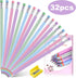 32PCS Eco-friendly Wood & Plastic Free Recycled Rainbow Paper Pencils #2 HB Pencils Number 2 Pencils Erasers Toppers with Pencil Sharpener, Macaro...