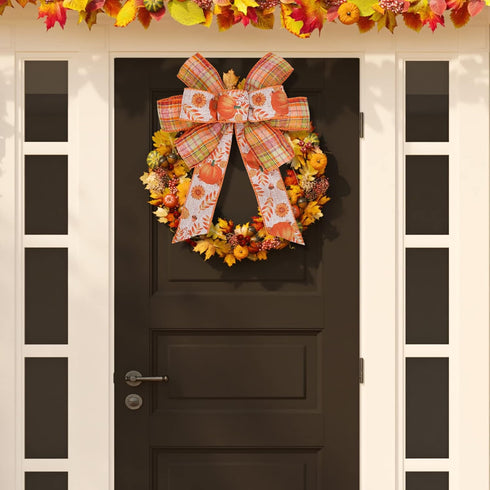 Whaline 8 Rolls 40 Yards Fall Thanksgiving Ribbons 2 Inch 1 Inch Orange Plaids Autumn Harvest Wired Edge Ribbon Rustic Pumpkin Craft Ribbon for Wr...