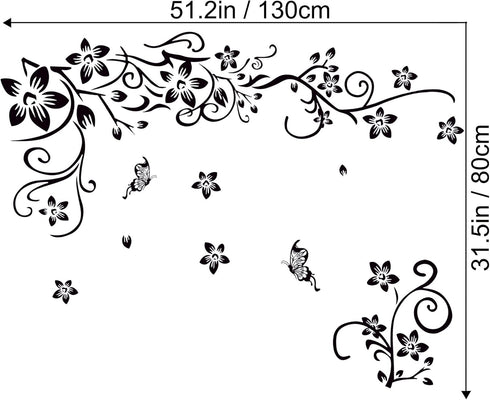 LiveGallery Removable Black Vinyl Flowers Wall Decals DIY Flower Vines and Butterfly Wall Stickers Decor Peel Stick Art Decoration for Teens Room ...