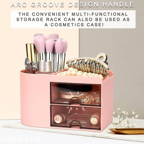 Cute Pen Organizer with Drawer, Multi-Functional Small Desktop Accessories Organizers, Pencil Holder for Desk Office Art Supplies (Rounded Desk Or...