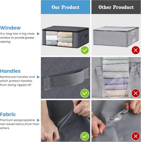 HomeHacks Storage 3-Pack Clothes Organizer Storage Bags Foldable Storage Box with Large Clear Window Sturdy Handles for Closet, Dorm, Pillows, Bed...