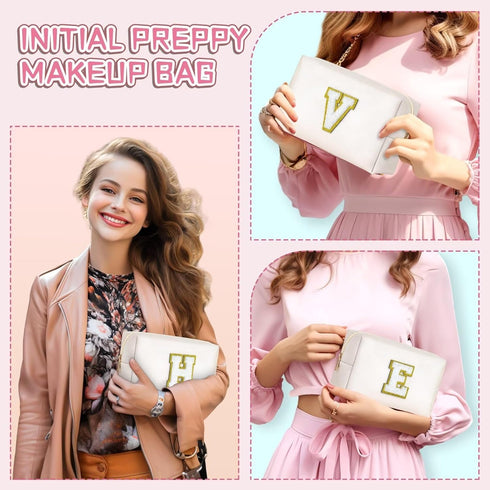 Initial Makeup Bag, Personalized Initial Bags with Zipper, Cute Makeup Pouch, PU Leather Waterproof Cosmetic Bag, Birthday Gift For Women, Preppy ...