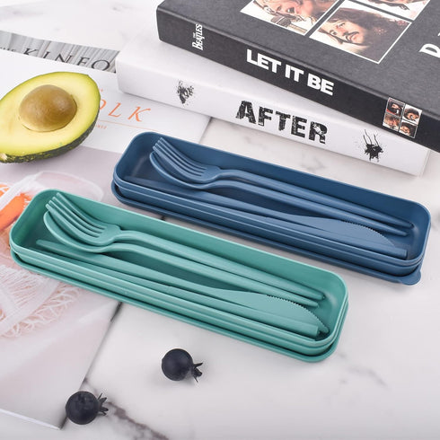 Reusable Utensil Set with Case, 2 Sets Plastic Portable Travel Utensils, Knives Chopsticks Spoons and Forks Set Camping Cutlery (blue, green)...