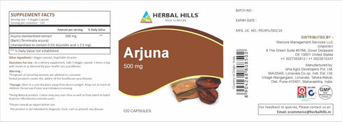 HERBAL HILLS Arjuna Capsules (Terminalia Arjuna) | 120 Count (500 mg) | Standardized Extract Wellness and Health Supplements with Arjuna Bark Extr...