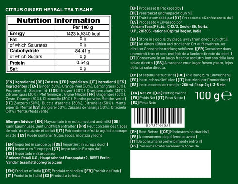 VAHDAM, Citrus Ginger Herbal Tea Tisane (50 Cups, 3.53 oz) Gluten Free, Non GMO | Ginger, Lemongrass, Orange Peels, Mint | Herbal Tea Loose Leaf |...