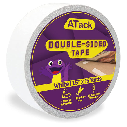 ATack Double-Sided Tape White, 1.5 Inches x 15 Yards, Heavy Duty Double Sides self Sticky Wall Fabric Tape for Wood Templates, Furniture, Leather,...