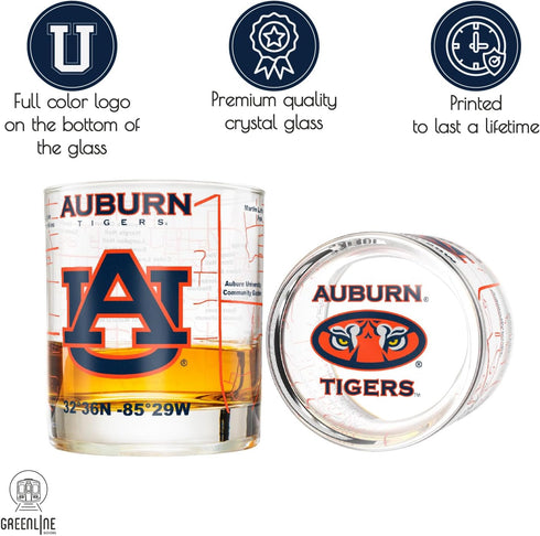 Greenline Goods - Auburn University Whiskey Glass Set (2 Low Ball Glasses) - Contains Full Color Tigers Logo & Campus Map - Auburn Tigers College ...