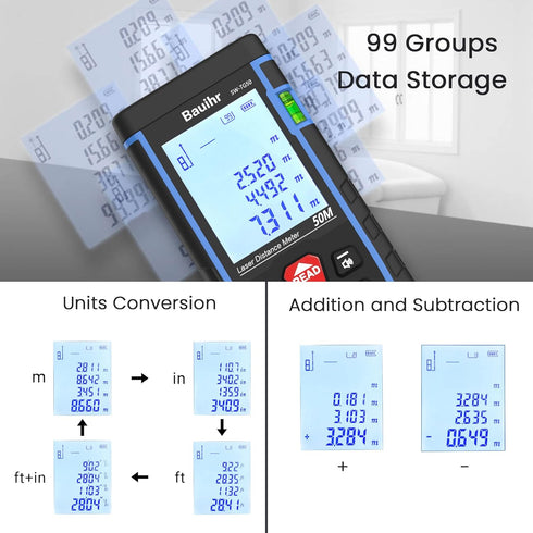 Laser Measure, Bauihr 165ft Laser Distance Meter, Portable Laser Measurement Tool with 2 Bubble Levels, Large Backlit LCD Display, Allowing Pythag...