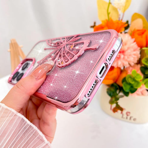 KANGHAR Compatible for iPhone 14 Pro Max Case 6.7 in, Clear Glitter Quicksand 3D Butterfly Bling Case for Women Girls Cute Gradient Sparkle Platin...
