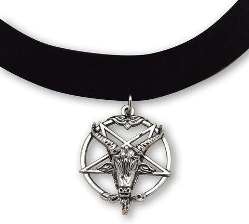 Baphomet Goat Head Satanic Inverted Pentacle Black Velvet Choker Adjustable...