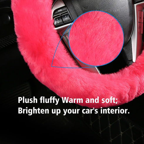 2 Pcs Furry Car Steering Wheel Cover with Fluffy Gear Shift Cover Soft Warm Non-Slip Car Decoration for Women Girls (Pink)...
