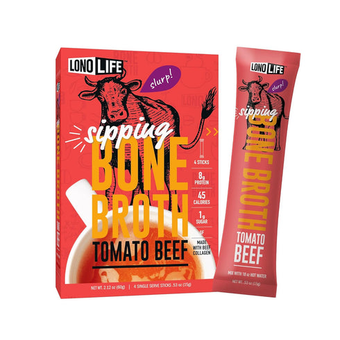 LonoLife Tomato Beef Bone Broth Powder Mix | Grass-Fed, 10g Protein | Collagen-Rich, Keto & Paleo Friendly | Natural Ingredients | 4 Portable Stic...