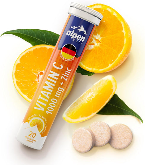 AlpenWell Vitamin C - 1000mg + Zinc - Immune Support - Effervescent Vitamin Drink Tablet, No Sugar + Low Calorie Supplement, Orange Flavor...