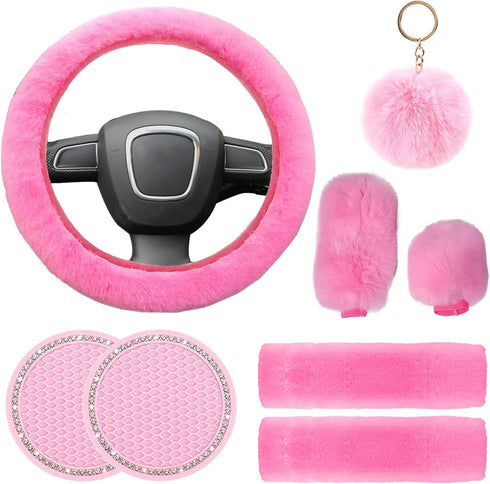 Cute Fluffy Steering Wheel Cover Set for Women, YUNXNYC 1 Set 8 Pieces Fluffy Car Accessories Set Soft Fuzz Handbrake Cover Gear Shift Cover Fur S...