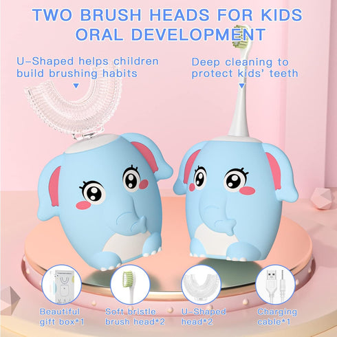 Kid Electric U Shaped Toothbrush with 4 Soft Brush Heads Rechargeable Children Toothbrush with 6 Cleaning Modes IPX7 Waterproof - (Age 2-7 Blue)...