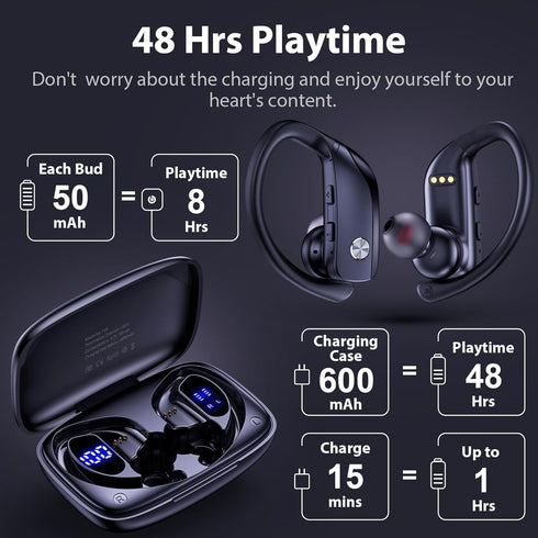 bmanl Wireless Earbuds Bluetooth Headphones 48hrs Play Back Sport Earphones with LED Display Over-Ear Buds with Earhooks Built-in Mic Headset for ...