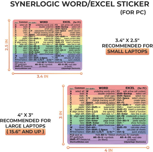 Synerlogic Word/Excel Windows Shortcut Sticker | Reference Guide Keyboard Shortcut Sticker | Work from Home Essentials | Excel Shortcuts Cheat She...