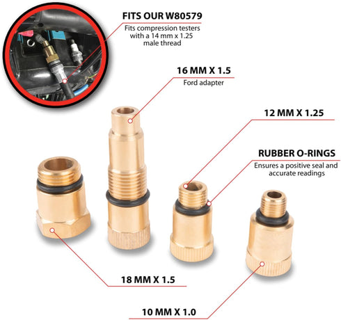 Performance Tool W80577 Compression Tester Spark Plug Adapters Set...
