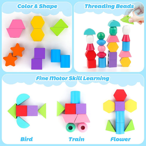 Montessori Wooden Beads Sequencing Toy Set, Stacking Blocks & Lacing Beads & Matching Shape Stacker for 2 3 4 5 Year Old STEM Preschool Learning M...