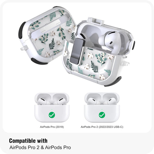 Case for AirPods Pro & Pro 2 Case Cover Secure Lock Automatic Snap Switch Clip Cleaner Kit Lanyard Women Stylish Leaf Full Body Hard Shell Front L...